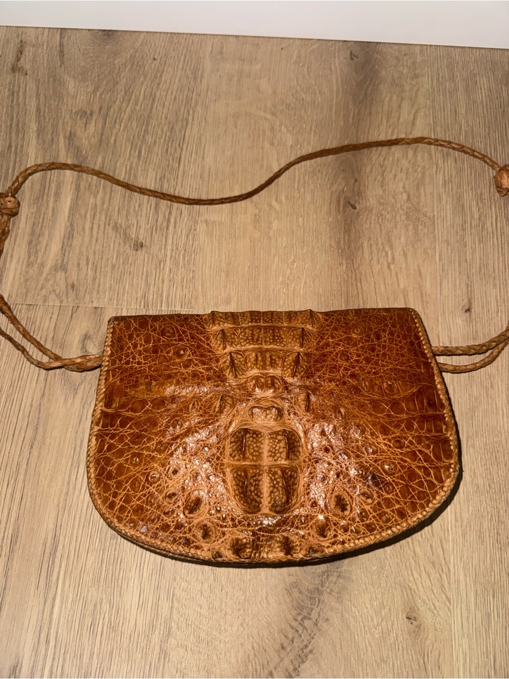 1950’s Braided Strap Croc-Embossed Leather Crossbody Bag in Brown